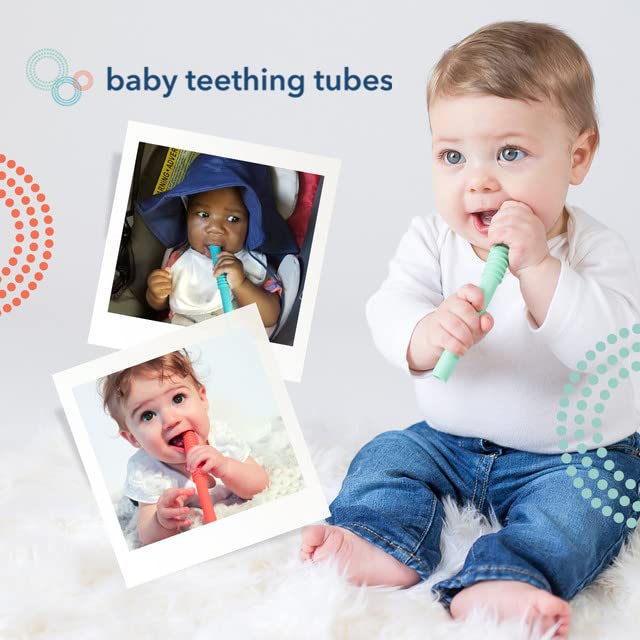 Baby Teething Tubes - Made in The USA Baby Teething Toys - Soft & Durable Infant Toys and Toddler Silicone Teether - 7 Inches, Orange - Baby Must Haves for Teething Relief - Food Safe & Easy to Clean