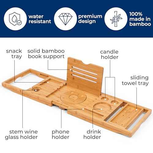SereneLife Bathtub Tray - Expandable Bath Tray for Tub, Foldable Adjustable Bamboo Caddy with Non-Slip Handles, Device Holder and Wine Glass Slot for Bathing Luxury (Folding, Hard Back, Gift Set)