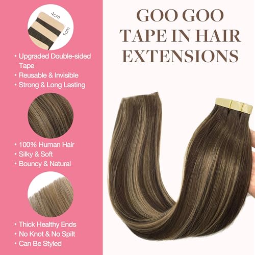 GOO GOO Tape in Hair Extensions Human Hair, 4/27/4 Balayage Chocolate Brown to Caramel Blonde, 20inch 100g 40pcs, Skin Weft Seamless Invisible, Silky Straight with Thick Ends, Remy Human Hair