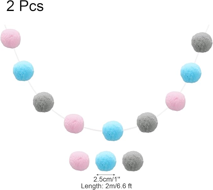uxcell 2pcs Pom Pom Garland 6.6 Ft 30 Balls Colorful Felt Ball Garland for Wall Christmas Tree Decor Birthday Banner Easter Party Decorations, Light Pink, Grey, Blue