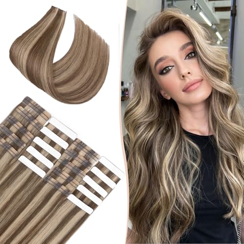 Benehair Tape in Human Hair Extensions, 20 inch Straight Invisible Tape Extensions Remy Blonde Hair Extensions 10pcs 20g Medium Brown Mix Dark Blonde 4p27