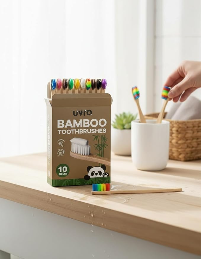 Bamboo Toothbrushes for Adults - 10 Pack Biodegradable Bamboo Toothbrush Teeth Colorful Bristle Natural Bamboo Tooth Brush Dental Eco Wood Toothbrushes (Multicolour)