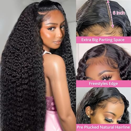 Deep Wave Lace Front Wigs Human Hair 200 Density 13x6 HD Transparent Lace Front Wigs for Women Pre Plucked Deep Curly Lace Frontal Wig Human Hair Glueless Wigs Natural Black 26 Inch
