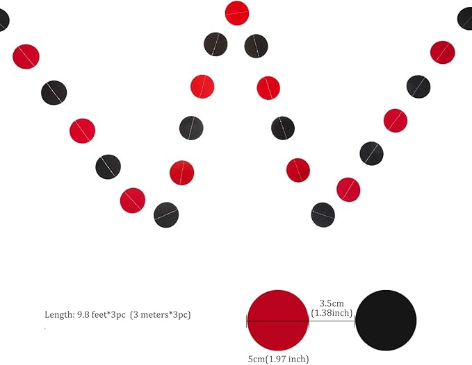 WEVEN Red and Black Paper Garland Circle Dot Party Garland Banner Streamer Backdrop Hanging Decorations, 2" in Diameter, Pack of 3, 30 Feet in Total