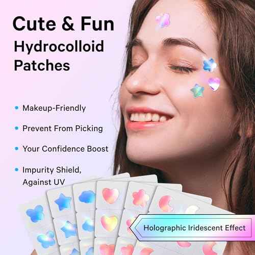 Sosky Hologram Pimple Patches for Face, Hydrocolloid Acne Patches with Salicylic Acid, Cute Star Zit Stickers,Colorful Blemish Covers,48 Count Blue Pink Star Heart Cloud Flower