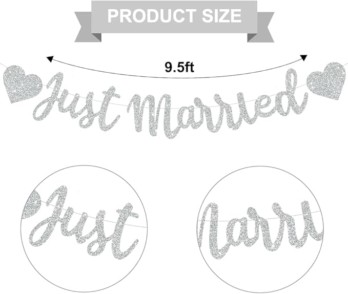 BEISHIDA Silvery Just Married Banner - NO DIY, Glitter Wedding Party Banner,Just Married Signs, Bachelorette/Bridal Garland,Engagement Party Decor Supplies, Wedding Reception Party Decorations.