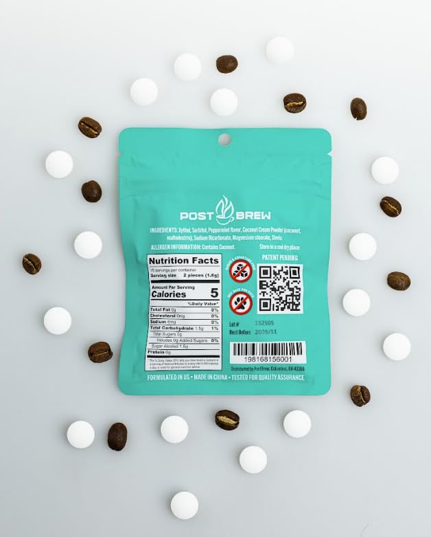 PostBrew Mints Xylitol After Coffee SuppleMINT– Sugar-Free, Aspartame-Free Mint, Neutralize pH & Odor, Support Oral Health & Freshen Breath (4 pack, 30 Count Each)