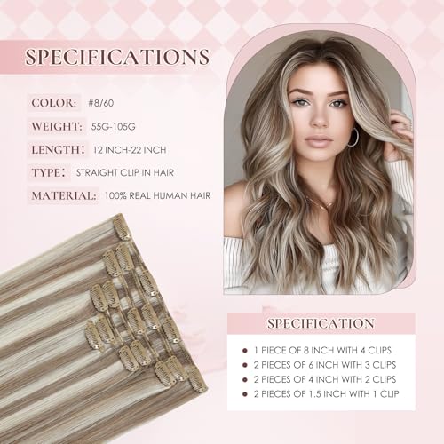 Invisible Clip in Real Human Hair Extensions,18 Inch 85 Gram Ash Brown Highlights Platinum Blonde Remy 7 Pieces With 16 Clips Thick Straight Clip Hair,No Slip No Shedding