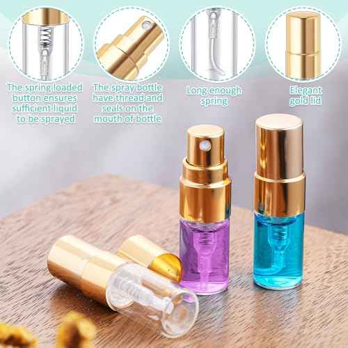 Zhehao 50 Pcs Mini Spray Bottles 2 ml Clear Glass Perfume Bottles Refillable Fine Mist Perfume Atomizer Portable Empty Sample Containers for Cleaning, Essential Oils, Travel (Gold Cap)