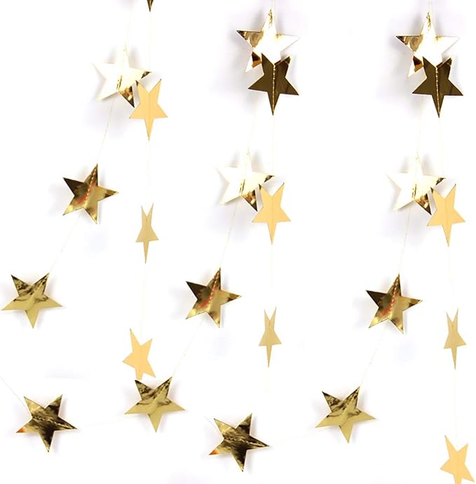 Gold Star Garland Banner Decorations - 156 Feet Bright Gold Paper Garland Hanging Decorations, Glitter Star Bunting Banner for Wedding, Birthday, Holiday, Christmas Party