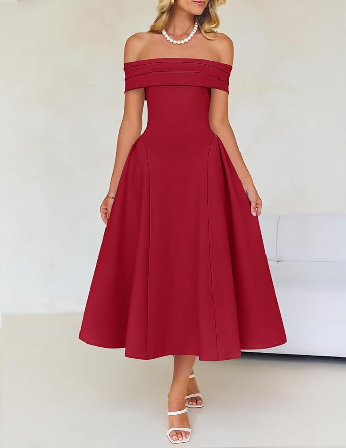 ZESICA Summer 2026 Cocktail Dresses for Women's Off Shoulder Short Sleeve Swing A Line Wedding Evening Party Midi Dress