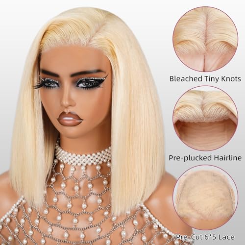 Bob Wig Human Hair Blonde 613 Wigs Human Hair Wear and Go 6x5 Glueless Wigs Pre Cut 210% Density 613 Lace Front Wig Human Hair 613 Closure Bob Wig Real Pre Bleached Tiny Knots£¨10inch,613 Glueless Bob£©
