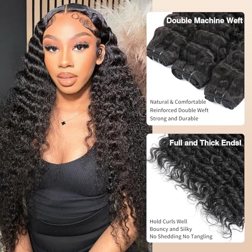 15A Raw Indian Deep Wave Bundles Human Hair 12 14 16 Inch 100% Human Deep Wave Curly Hair Bundles Wet and Wavy Double Drown Weft Hair Extensions Natural Black Color Remy Virgin Hair