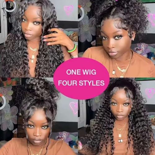 13x6 Deep Wave Lace Front Wigs Human Hair 180% Density Deep Curly Human Hair Wig Glueless HD Transparent Lace Frontal Wigs for Black Women Pre Plucked Natural Color (22 Inch)