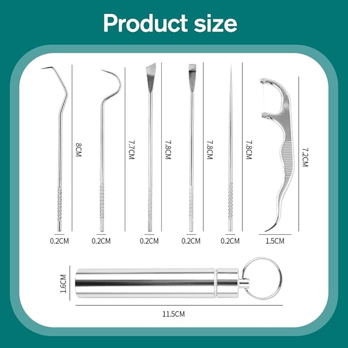 Stainless Steel Toothpick Set, Reusable Metal Toothpicks Cleaning Kit with Holder, Dental Picks Metal Dental Kit Oral Care Tools Toothpicks Pocket Set for Outdoor Picnic Camping Traveling (7 Pcs/Set)