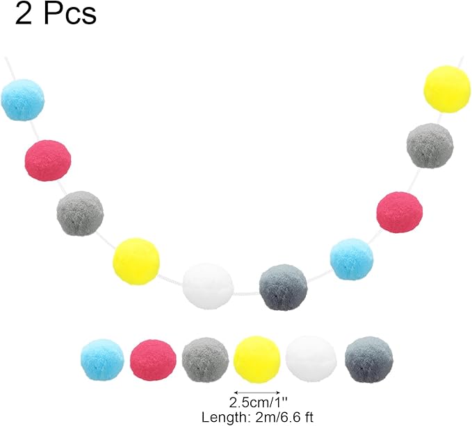 uxcell 2pcs Pom Pom Garland 6.6 Ft 30 Ball Colorful Felt Ball Garland for Wall Christmas Tree Decor Birthday Banner Easter Party Decoration, Blue, Rose Red, Grey, Yellow, White, Dark Grey