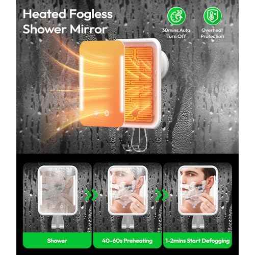 Lighted Shower Mirror Fogless for Shaving with Light, 5000mAh Heated Fogless Mirror for Shower, Detachable Razor Holder and Suction Cup for Wall, NO-Drilling, Waterproof for Bathroom (White)