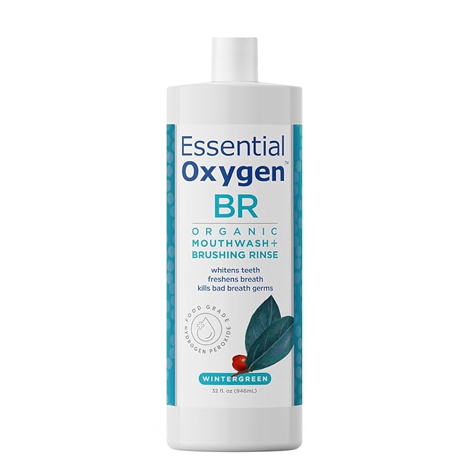 Essential Oxygen Certified BR Organic Brushing Rinse, All Natural Mouthwash for Whiter Teeth, Fresher Breath, and Happier Gums, Alcohol-Free Oral Care, Wintergreen, 32 Ounce