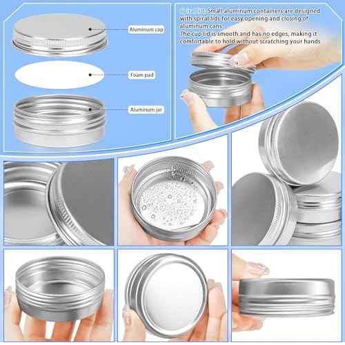 MotBach 16Pack 2oz Tin Jars, 60ml Metal Tin cans, 2Ounce Aluminum tin can jar Containers with Screw Lid for Lotion Bars, Spices, Salve, Balms, Beard Balm, Toiletries, Creams, Samples, Makeup Cosmetic