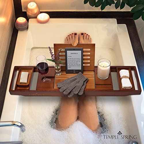 Temple Spring Wooden Bathtub Tray, Bamboo Bathroom Accessories, Bath Tray for Tub, at Home Spa Essentials, Board for Tub Table, Bath Caddy for Bathtub Accessories & Bathroom Essentials ? Wood Brown