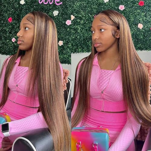 Highlight 13x4 HD Lace Front Wigs Human Hair 4/27 Honey Blonde Straight Transparent Lace Front Wigs Pre Plucked 12A Ombre Wigs Human Hair for Women 180% Density 24 Inch