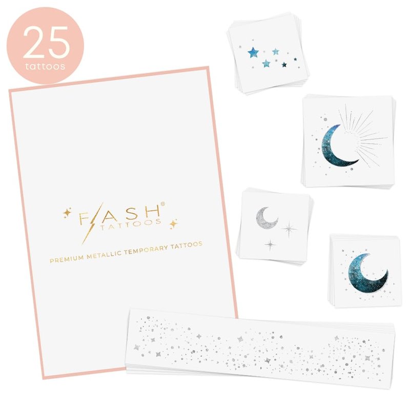 Flash Tattoos MOONLIGHT Silver Glitter Face Freckles and Body Tattoos – 25 Premium Celestial Magic Metallic Patches with Cosmic Stars & Moons - Festival & Concert Makeup, Parties, Face Gem Beauty