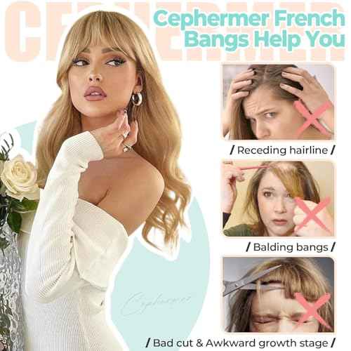 Clip in Bangs, Synthetic French Bangs Hair Clip, Fake Bangs Fringe with Temples Hairpieces for Women Natural Curved Hair Extensions for Daily Wear Ash Blonde