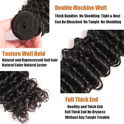 Deep Wave Bundles Human Hair 3 Bundles 12A Brazilian Virgin Human Hair Deep Curly Wave Extensions 100% Unprocessed Human Hair Weave Bundles Natural Black Color 14-18 Inch
