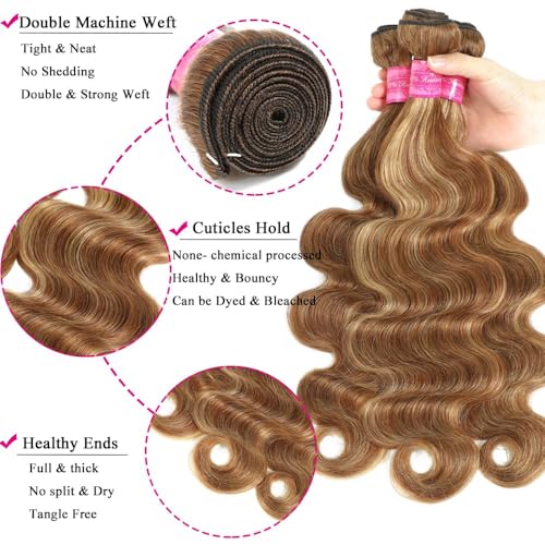 Honey Blonde Brown Highlight Body Wave Human Hair Weave 3 Bundles Brazilian Remy Hair Ombre Blonde Human Hair Wavy Weaves Sew in Piano Color P4/27