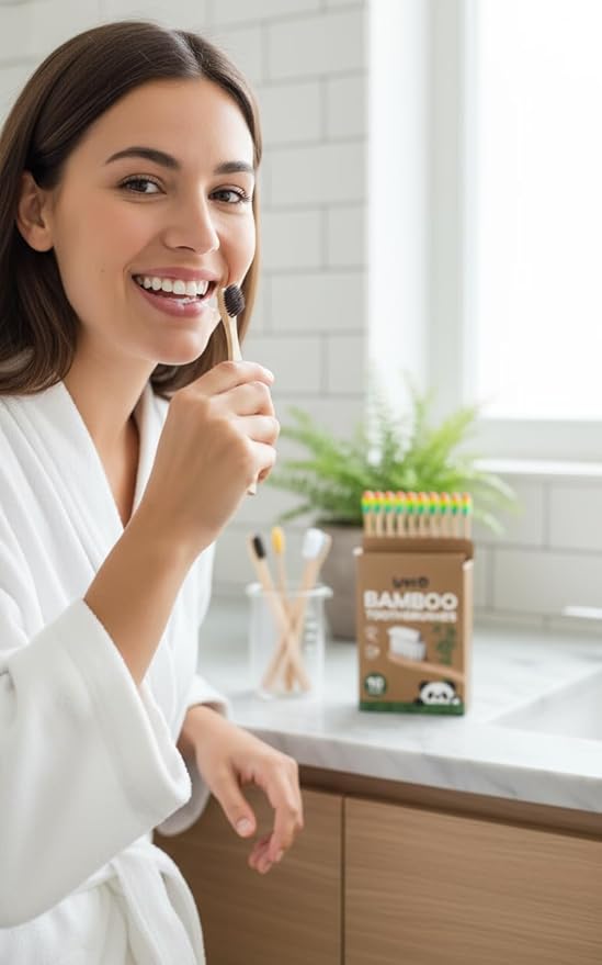 Bamboo Toothbrushes for Adults - 10 Pack Biodegradable Bamboo Toothbrush Teeth Colorful Bristle Natural Bamboo Tooth Brush Dental Eco Wood Toothbrushes (Rainbow)
