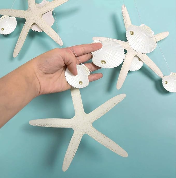 Decor365 White Finger Starfish Sea Shell Garland Ocean Coastal Nautical Party Decoration Starfish Cutouts Hanging Bunting Banner Under the Sea Mermaid Wish Birthday Beach Wedding Decor