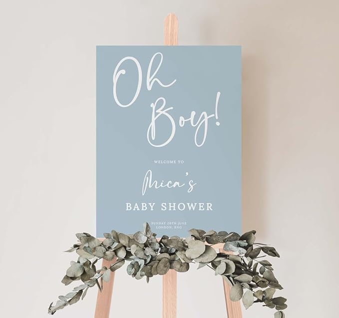 Blue Baby Welcome Sign with Stand - 'Oh Boy' Theme, Plastic Sign for Baby Shower Decor