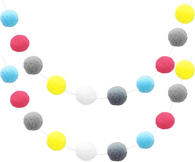 uxcell 2pcs Pom Pom Garland 6.6 Ft 30 Ball Colorful Felt Ball Garland for Wall Christmas Tree Decor Birthday Banner Easter Party Decoration, Blue, Rose Red, Grey, Yellow, White, Dark Grey