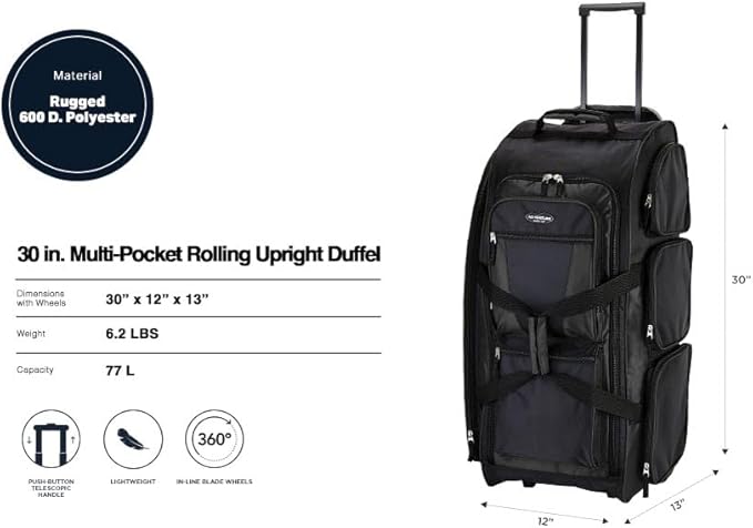 Travelers Club Xpedition 30 Inch Multi-Pocket Upright Rolling Duffel Bag