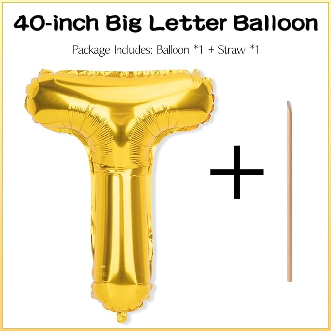 Gold Letter Balloons 40 Inch T Balloon Letters T Alphabet Balloons Giant Letters With Straw Big Balloons Foil Large Gold Balloons For Birthday Party Decorations Wedding Thanksgiving Christmas Balloons