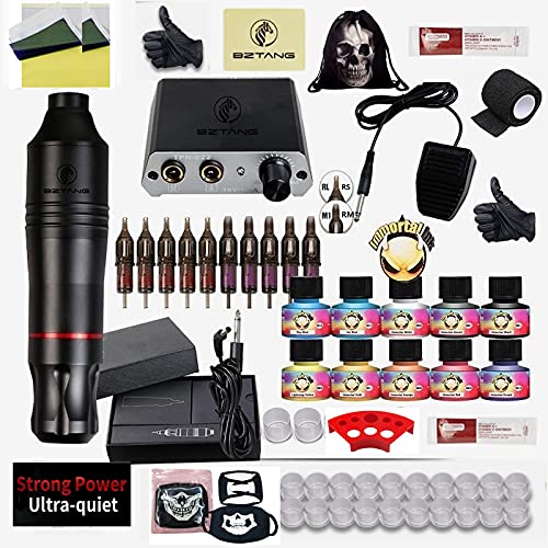 Complete Beginner Tattoo Kit Motor Pen Machine USA Color Inks Power Supply Set Needles (black)