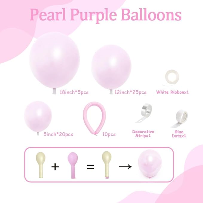 Pearl Purple Balloon Double Stuffed Lavender Balloons Garland Pearl Pastel Light Purple Arch Kit with Lilac Long Balloons Different Size for Birthday Wedding Baby Shower Anniversary Decoration