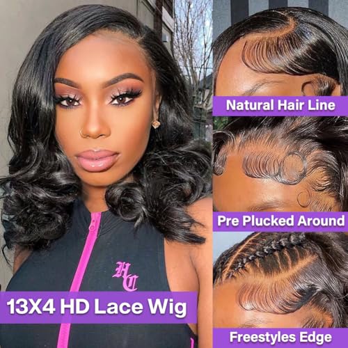 Hihmarm Body Wave Bob Wig Human Hair 13x4 Hd Lace Frontal Wigs Human Hair Pre Plucked Loose Wave Bob Lace Front Wigs For Black Women 180% Density Glueless Wig Natural Black 16 Inch