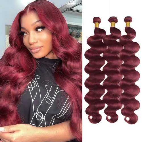 Burgundy Bundles Human Hair 24 26 28 Inch 3 Bundles Body Wave Human Hair Extensions for Women Double Weft Weave Brazilian Bundles Human Hair 99J Color