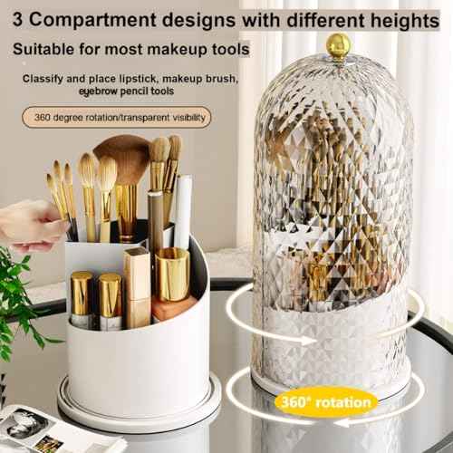 Makeup Brush Holder with Lid£¬Makeup Brush Storage Box with Diamond Pattern£¬360 Rotating Waterproof and Dustproof Beauty Brushes Storage for Vanity Bathroom,White