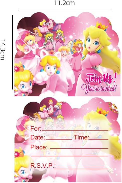 LEOWEST 20pcs Princess Peach Birthday Party Invitations,Princess Peach Invitations Birthday Party Supplies Decoration (Invitations3)