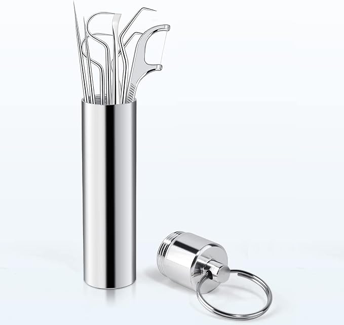 GELMAY Stainless Steel Toothpick & Dental Floss Picks Kit – Reusable, Portable, Aluminum Case with Keychain, Travel Oral Hygiene Set