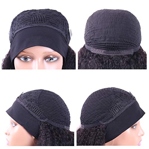 Headband Wigs Human Hair 180% Density 12A Kinky Straight Human Hair Headband Wigs For Black Women Yaki Straight Human Hair Wigs With Headband Attached Natural Black Color 18 Inch