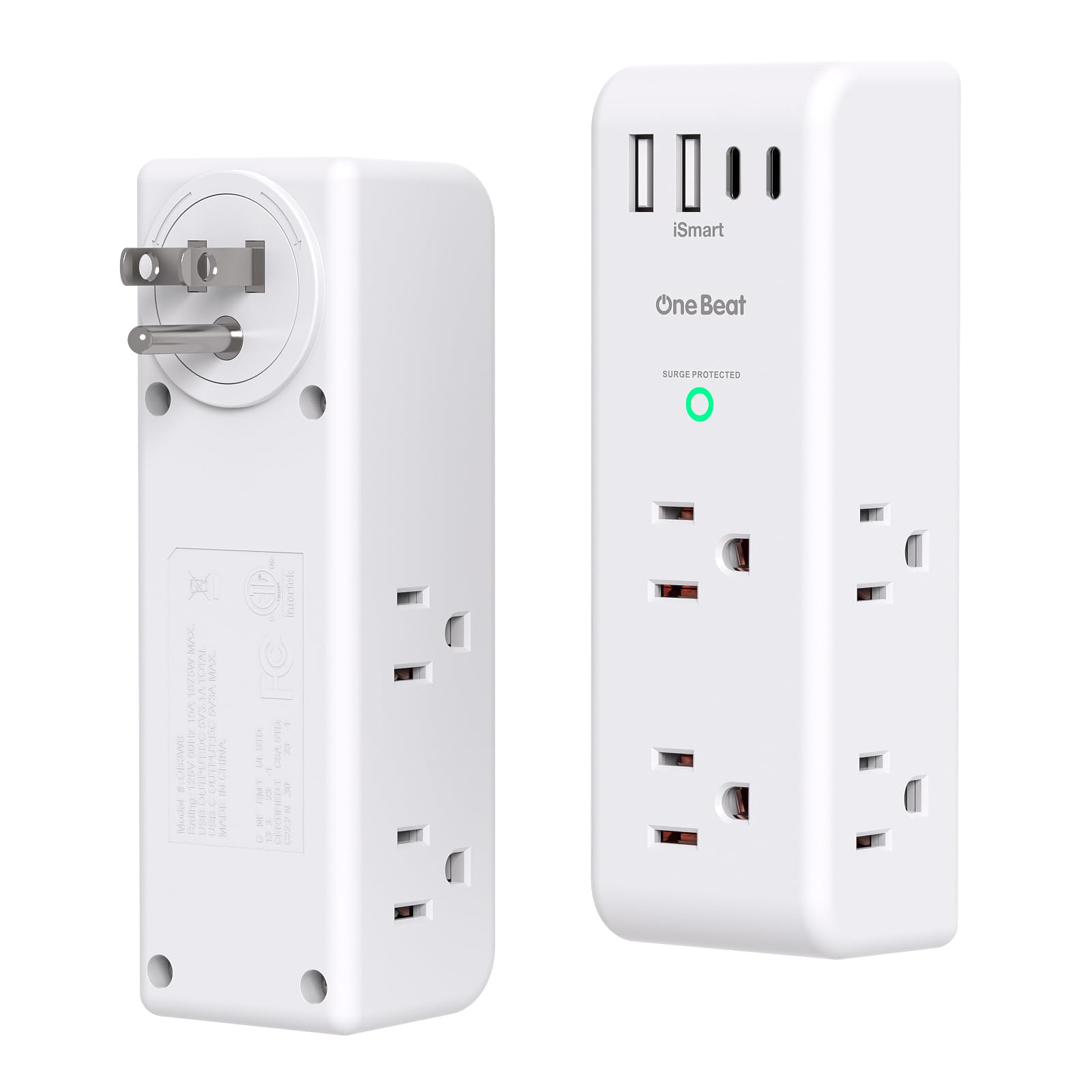 Surge Protector Outlet Extender with Rotating Plug, 6 AC Multi Plug Outlet with 4 USB Ports (3 USB C), 1800 J, 3-Sided Swivel Power Strip with Spaced Outlet Splitter for Dorm Office, White-2 Pack