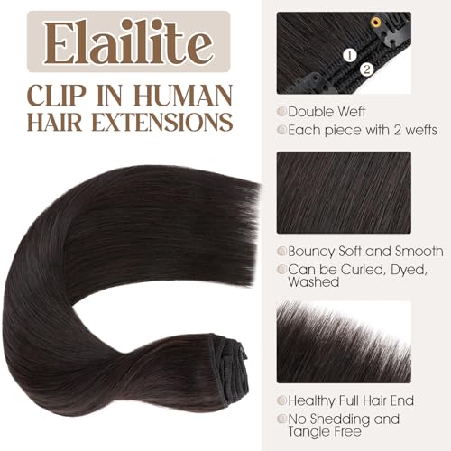 Elailite Clip in Hair Extensions Real Human Hair Double Weft Thick 8pcs Weft Natural Black 18 Inch 140g Remy Hairpieces Balayage Full Head Straight for Women