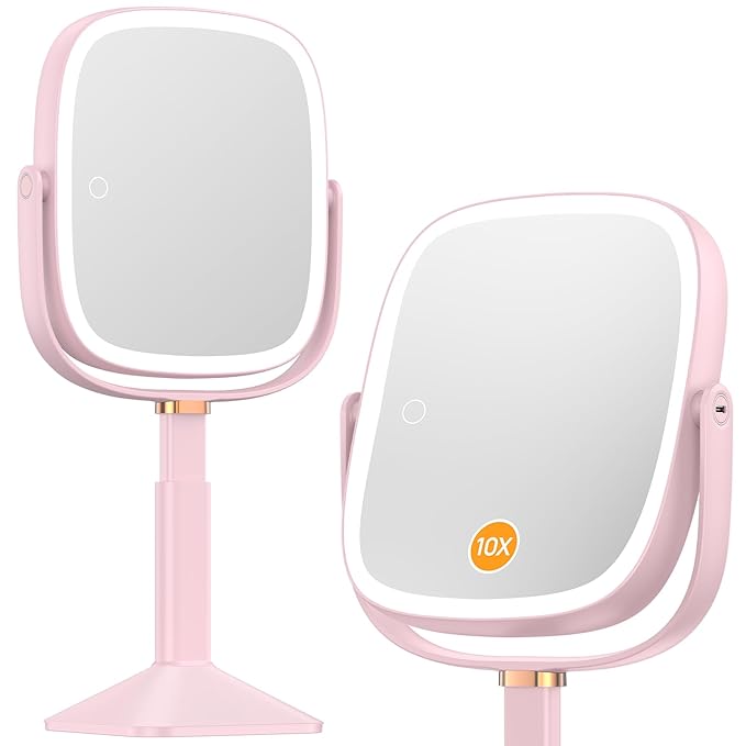 Gospire Rectangle Lighted Makeup Mirror with Lights 3 Color, Height Adjustable and 1X/10X Magnifying, 4000mAh Rechargeable Battery for Bedroom, 8.5”x7.4” Large Surface, Stepless Dimming - Pink