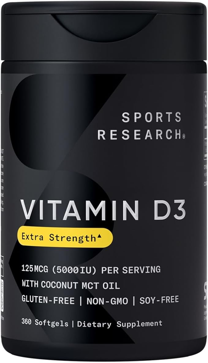 Sports Research® Vitamin D3 w/Coconut MCT Oil - High Potency Vitamin D3 5000iu (125mcg) Supplement for Immune & Bone Support - Seed Oil Free - Non-GMO - Gluten Free (360 Liquid Softgels)