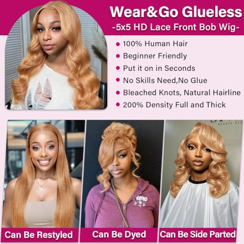 Honey Blonde 5x5 Body Wave Bob Wig Human Hair 200% Density 5x5 Hd Lace Closure Wigs Human Hair Wigs For Black Women Wear And Go Glueless Bob Wig Human Hair With Baby Hair 16 Inch