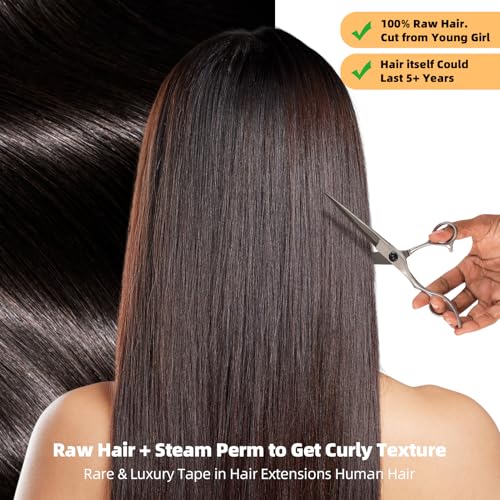 Clytie Raw Curly Tape in Hair Extensions Real Human Hair, One Donor Tight Curly Human Tape ins Hair Extensions 20 PCS 20IN Salon Bleachable Deep Curly 50g Invisible Taping for Thin Hair Light Weight