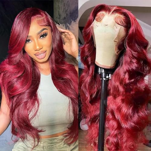 Benafee 28 Inch 99J Burgundy Lace Front Wigs Human Hair Body Wave 13x4 HD Transparent Lace Front Wigs Human Hair Pre Plucked Wine Red Glueless Real Remy Wig for Black Women Reddish Brown Color